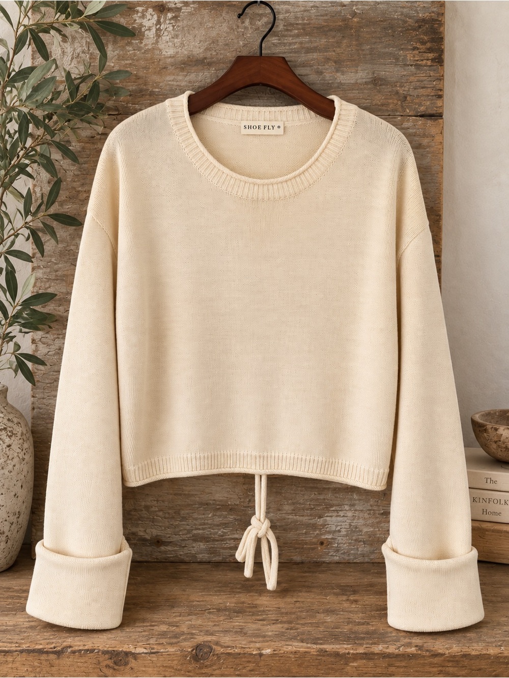 Shoe Fly Cream 100% Cotton Tie Back Cropped Sweater M